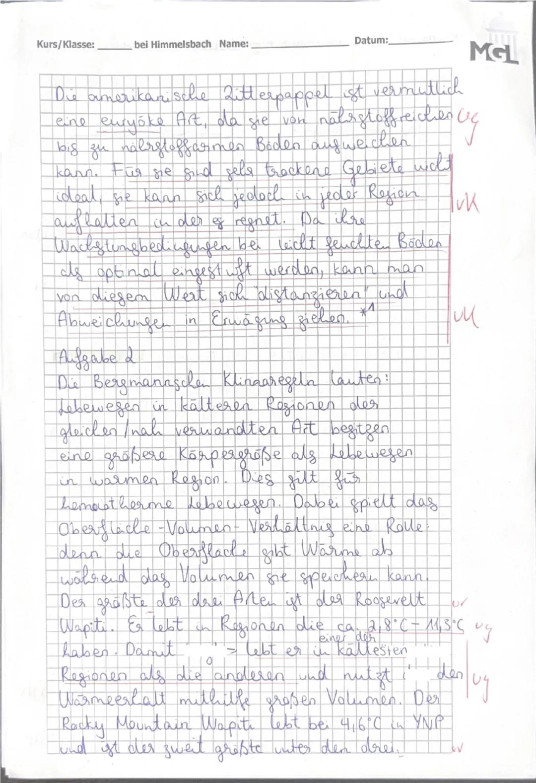 --- OCR Start ---
Leistungskurs, Ökologie, Himmelsbach (Hb) BE:32/60
Name: Vivien
NP:
8
Kurs: 2262 Datum:
MGL
Klausur Ökologie
Aufgaben
Mate