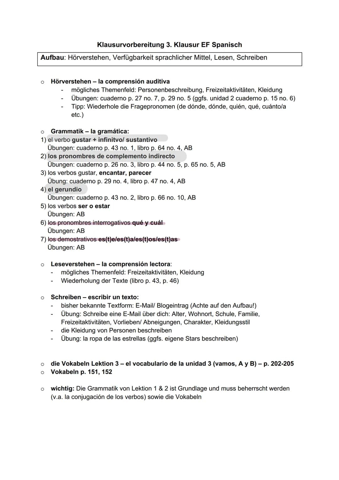 Klausurvorbereitung 3. Klausur EF Spanisch
Aufbau: Hörverstehen, Verfügbarkeit sprachlicher Mittel, Lesen, Schreiben
O Hörverstehen - la com
