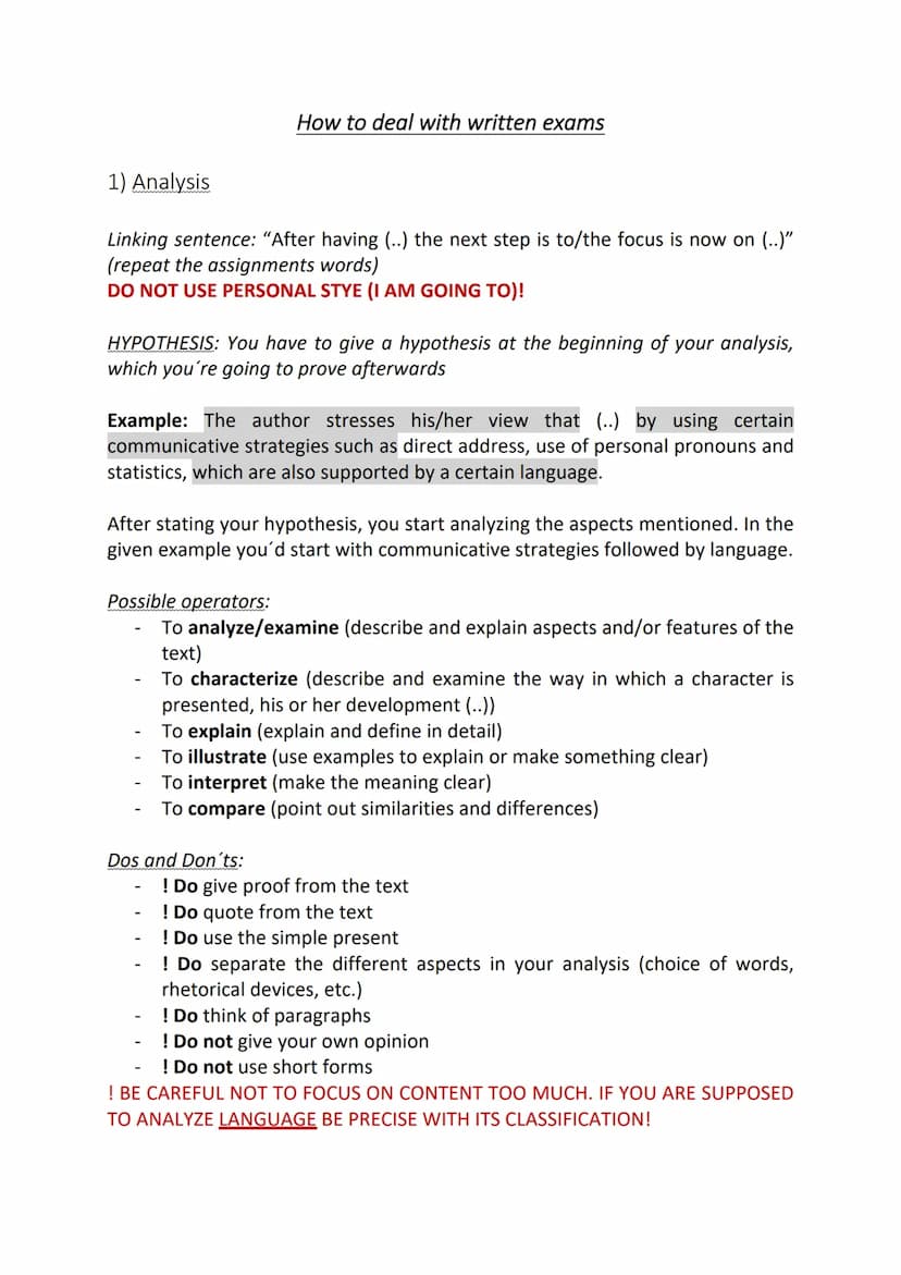 1) Comprehension
Linking sentence: "The first task it to..." (repeat the assignment's words)
Possible operators:
How to deal with written ex