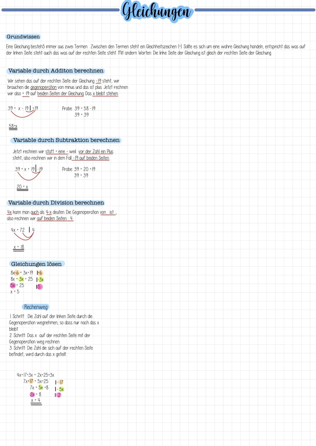 Grundwissen
Eine Gleichung besteh5 immer aus zwei Termen. Zwischen den Termen steht ein Gleichheitszeichen (-). Sollte es sich um eine wahre