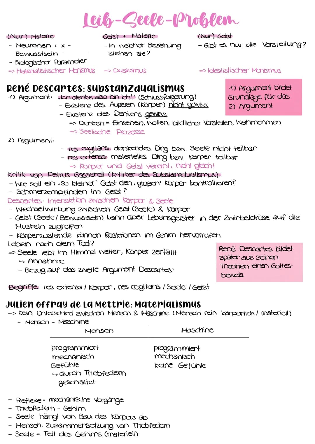 (Nur) Materie
Leib-Seele-Problem
Neuronen + x =
Bewusstsein
Biologischer Parameter
=> Materialistischer Manismus
2) Argument:
Geist + Materi