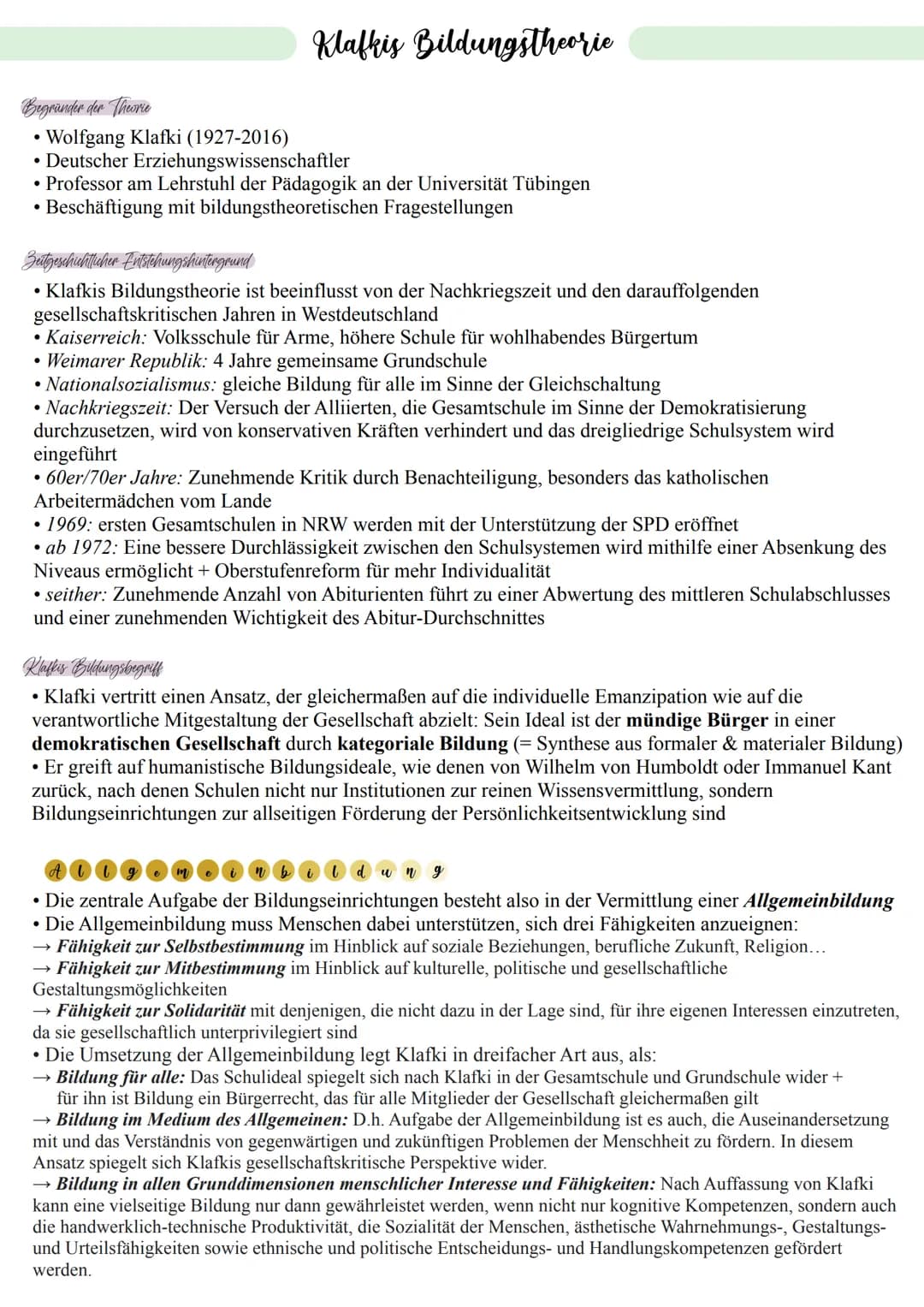 Klafkis Bildungstheorie
Begründer der Theorie
• Wolfgang Klafki (1927-2016)
• Deutscher
Professor am Lehrstuhl der Pädagogik an der Universi