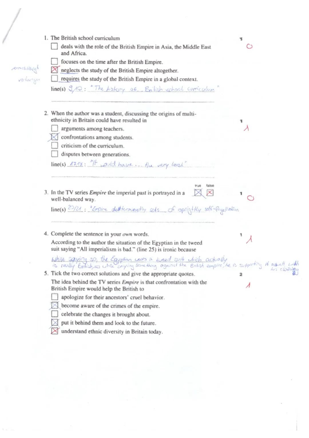 Part 1: Reading Comprehension
For multiple choice or right/wrong questions please note:
Tick the correct solution(s)
Give reference from the