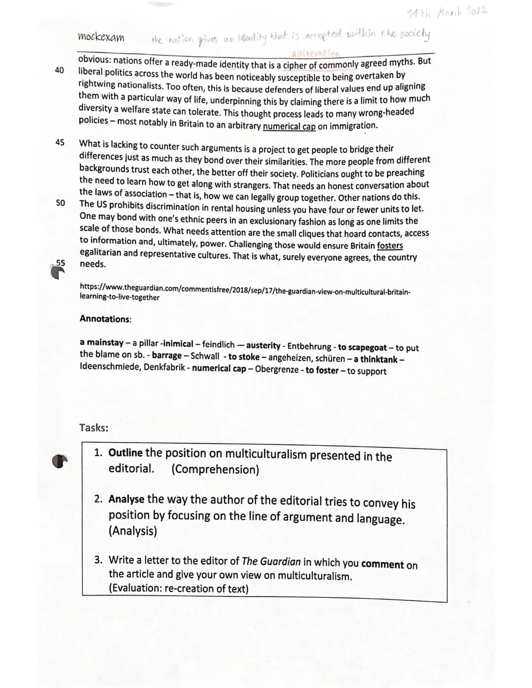 15
20
5 The Guardian view on multicultural Britain:
learning to live together
25
mockexam
Editorial
head paragraph
10 The country needs a po