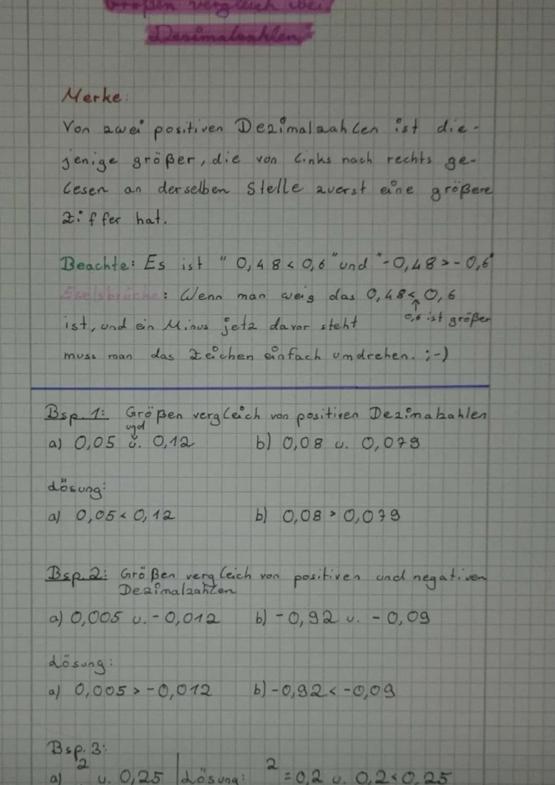 Größen vergleichen bei Dezalzahlen