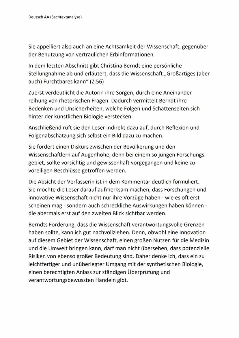 Deutsch AA (Sachtextanalyse)
Grenzen der Wissenschaft von Christina Berndt,
Sachtextanalyse
In dem vorliegenden Kommentar mit dem Titel ,,Gr