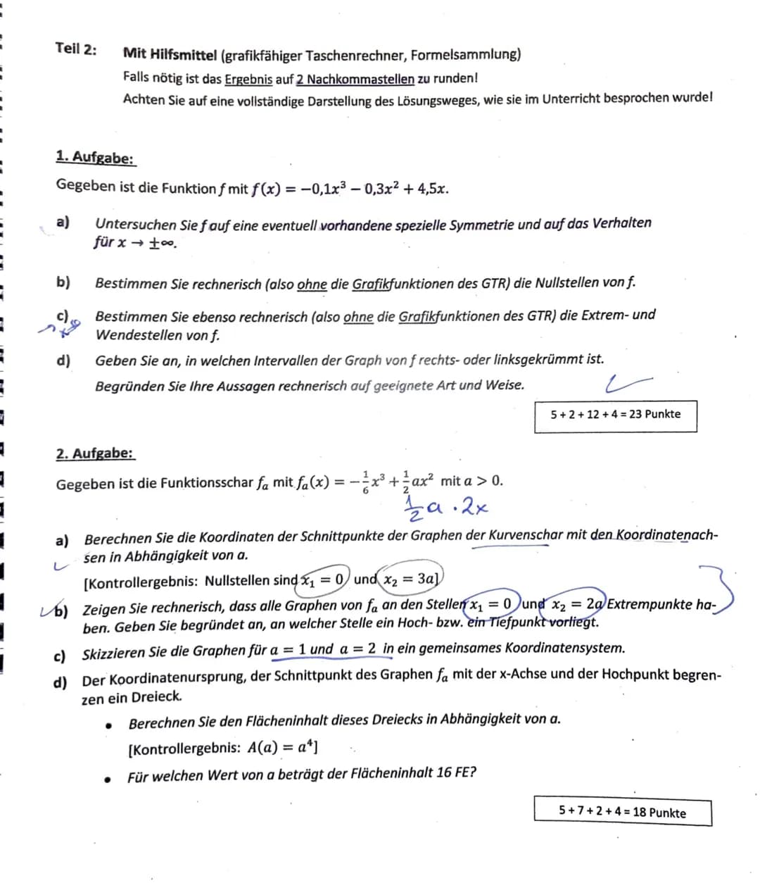 Teil 1:
1. Aufgabe:
Gegeben ist der Graph der zweiten Ableitungsfunktion einer Funktion if.
a)
b)
Hilfsmittelfreier Teil (Zeit: ca. 25 Min.,