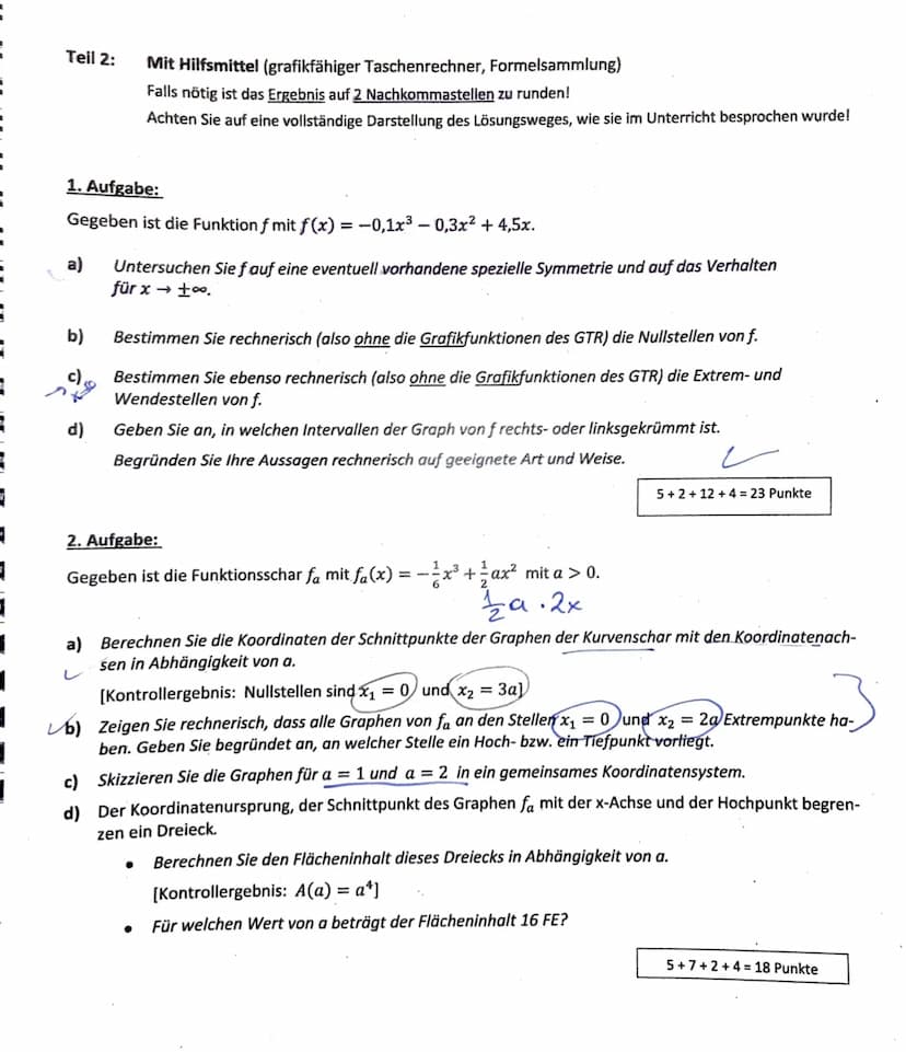 Teil 1:
1. Aufgabe:
Gegeben ist der Graph der zweiten Ableitungsfunktion einer Funktion if.
a)
b)
Hilfsmittelfreier Teil (Zeit: ca. 25 Min.,