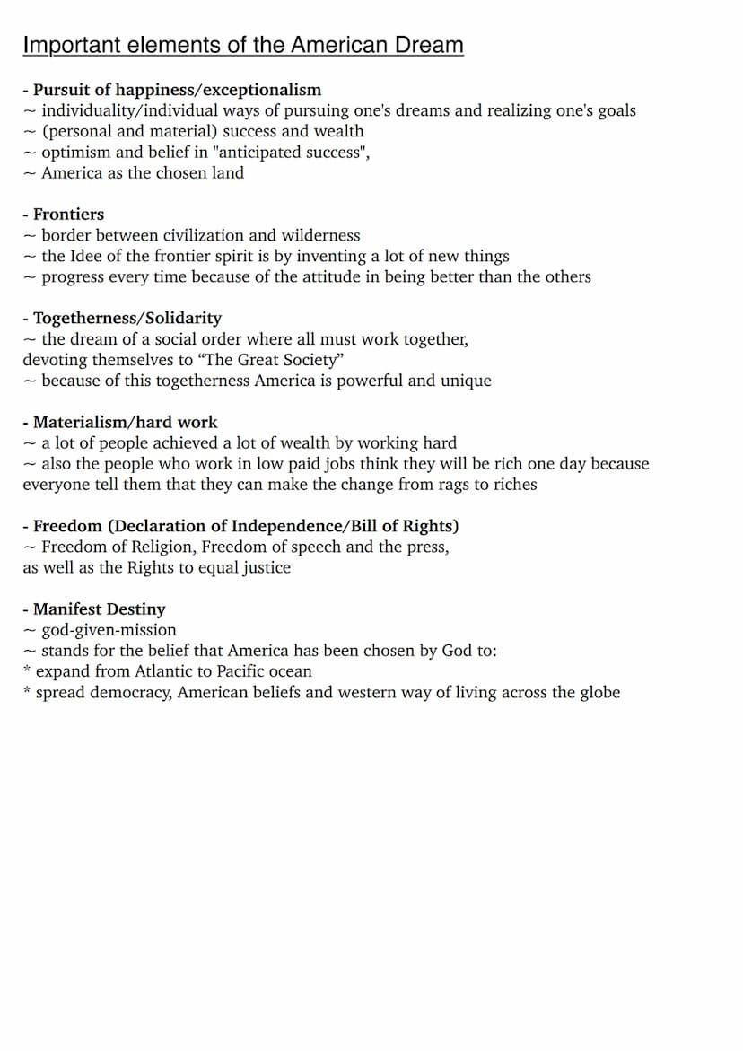 Important elements of the American Dream
- Pursuit of happiness/exceptionalism
~ individuality/individual ways of pursuing one's dreams and 