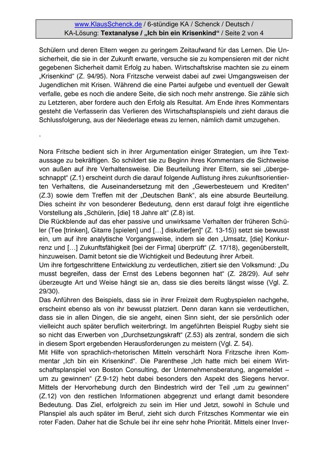 www.KlausSchenck.de/ 6-stündige KA / Schenck / Deutsch /
KA-Lösung: Textanalyse / ,,Ich bin ein Krisenkind" / Seite 1 von 4
Aufgabenstellung