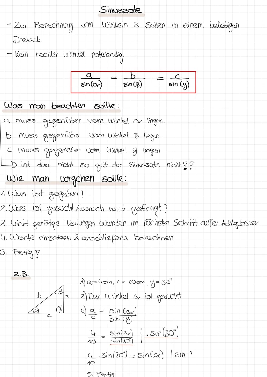 Sinussatz
- Zur Berechnung von Winkeln & Seiten in einem beliebigen
Dreieck.
Kein rechter Winkel notwendig.
2.B.
b
P
a
sin (a)
B
Was man bea