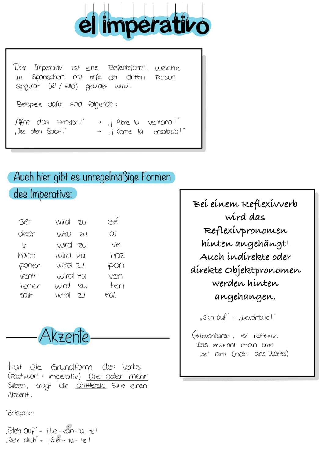 Der Imperativ
ist eine
Befehlsform, welche
im Spanischen mit Hilfe der dritten Person
Singular (él/ella) gebildet wird.
Beispiele dafür sind