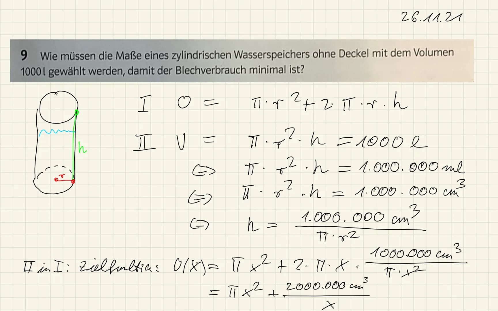 9 Wie müssen die Maße eines zylindrischen Wasserspeichers ohne Deckel mit dem Volumen
1000l gewählt werden, damit der Blechverbrauch minimal