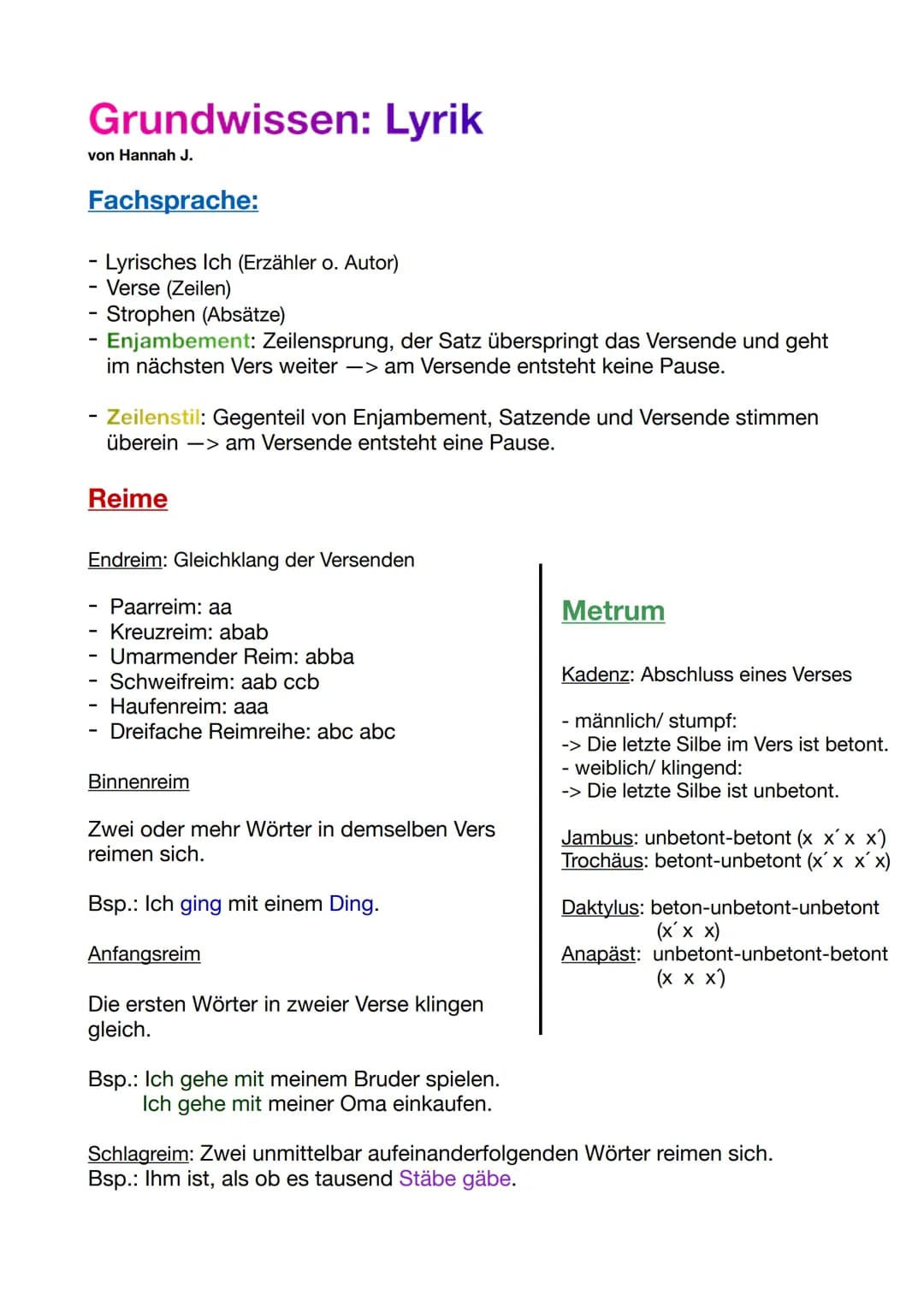 Grundwissen: Lyrik
von Hannah J.
Fachsprache:
- Lyrisches Ich (Erzähler o. Autor)
Verse (Zeilen)
- Strophen (Absätze)
Enjambement: Zeilenspr