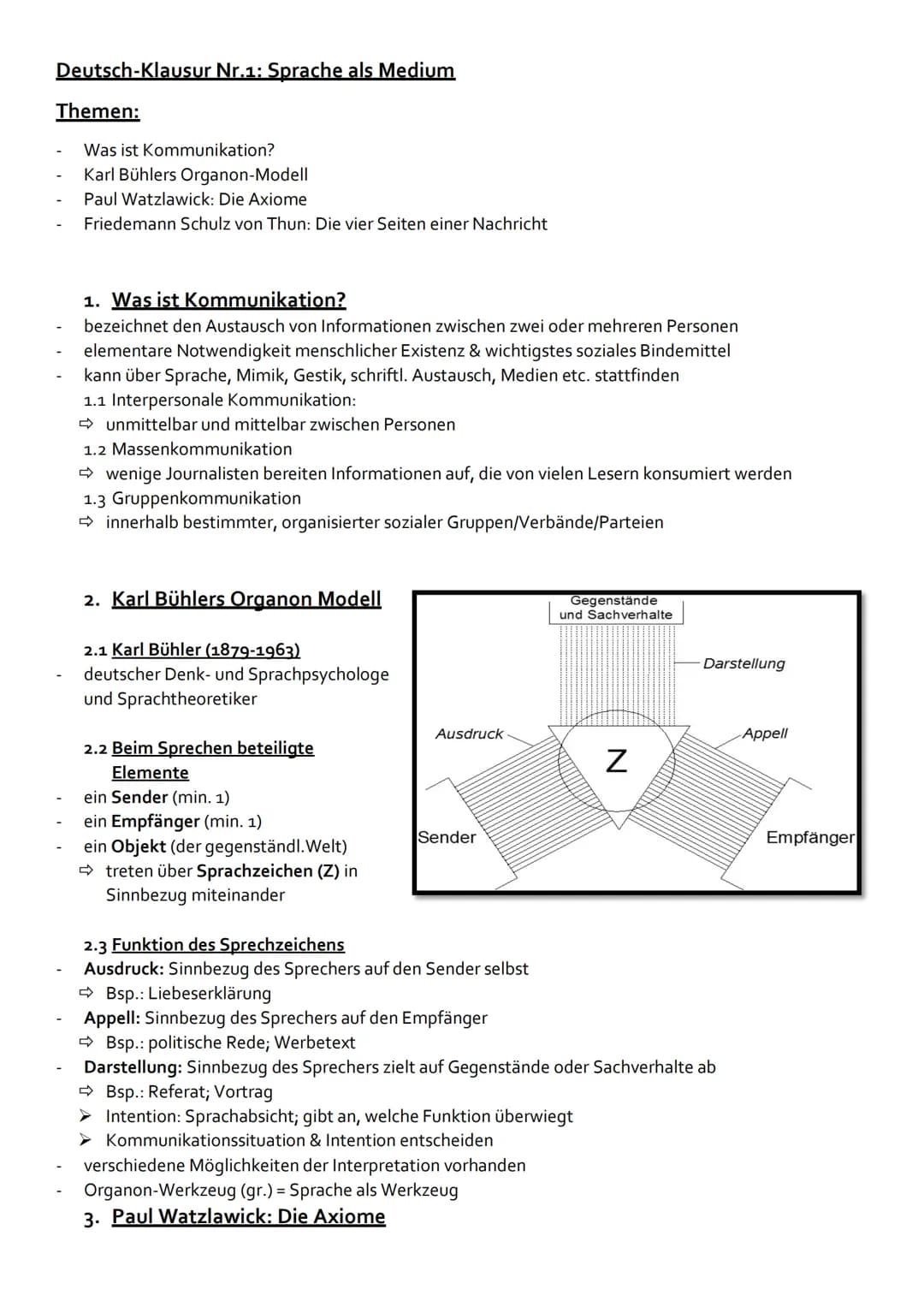Deutsch-Klausur Nr.1: Sprache als Medium
Themen:
Was ist Kommunikation?
Karl Bühlers Organon-Modell
Paul Watzlawick: Die Axiome
Friedemann S