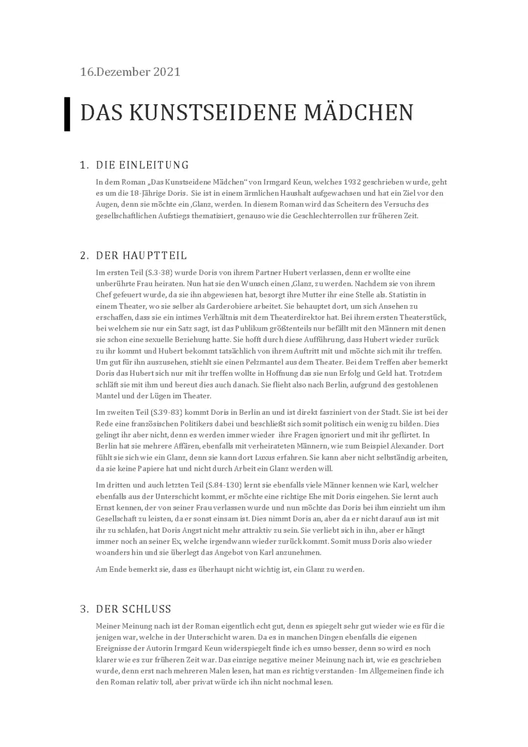 Zusammenfassung des Romans ,,Das Kunstseidene Mädchen“