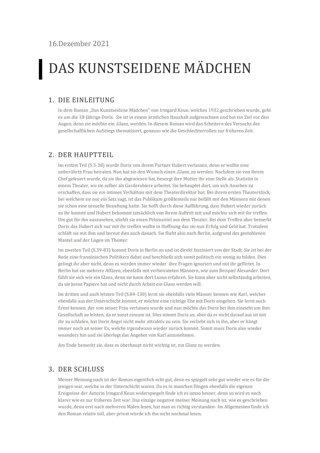 16.Dezember 2021
DAS KUNSTSEIDENE MÄDCHEN
1. DIE EINLEITUNG
In dem Roman ,,Das Kunstseidene Mädchen" von Irmgard Keun, welches 1932 geschrie