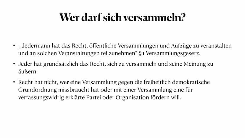 Straßenpolitik
Selina ●
Versammlungsfreiheit ist ein Grundrecht.
• ist eine örtliche Zusammenkunft von mindestens zwei Personen, die
●
Was i