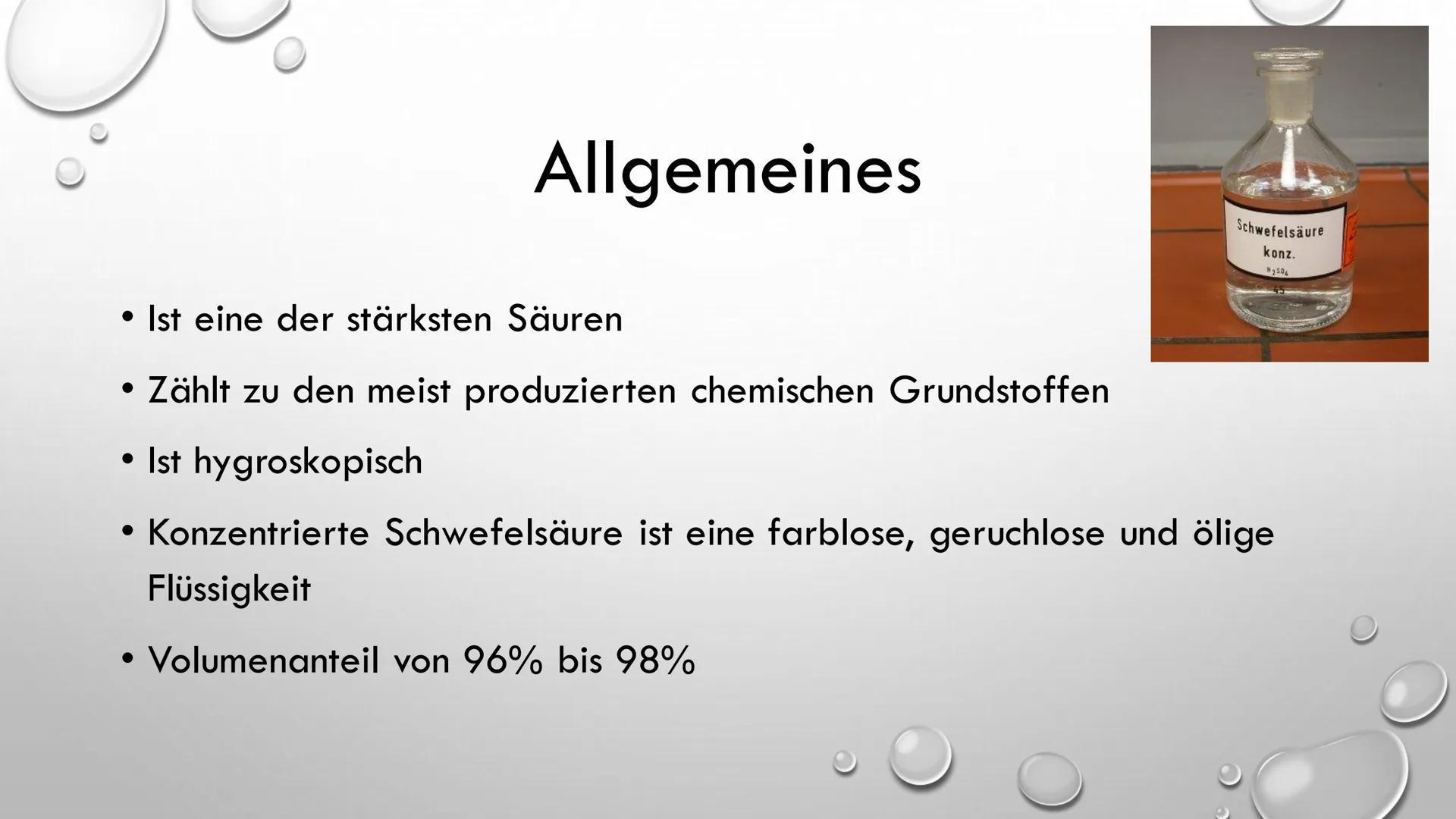 SCHWEFELSÄURE
Präsentation von Ilinca Michels
(O=S=0)
H-O-S-O-H ●
Inhalt
Allgemeines
Geschichte
Chemische Eigenschaften
Kontakt mit dem Körp