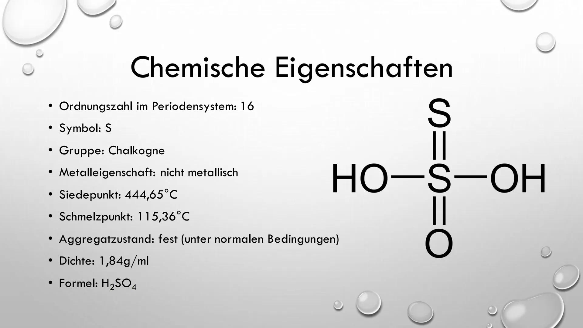 SCHWEFELSÄURE
Präsentation von Ilinca Michels
(O=S=0)
H-O-S-O-H ●
Inhalt
Allgemeines
Geschichte
Chemische Eigenschaften
Kontakt mit dem Körp