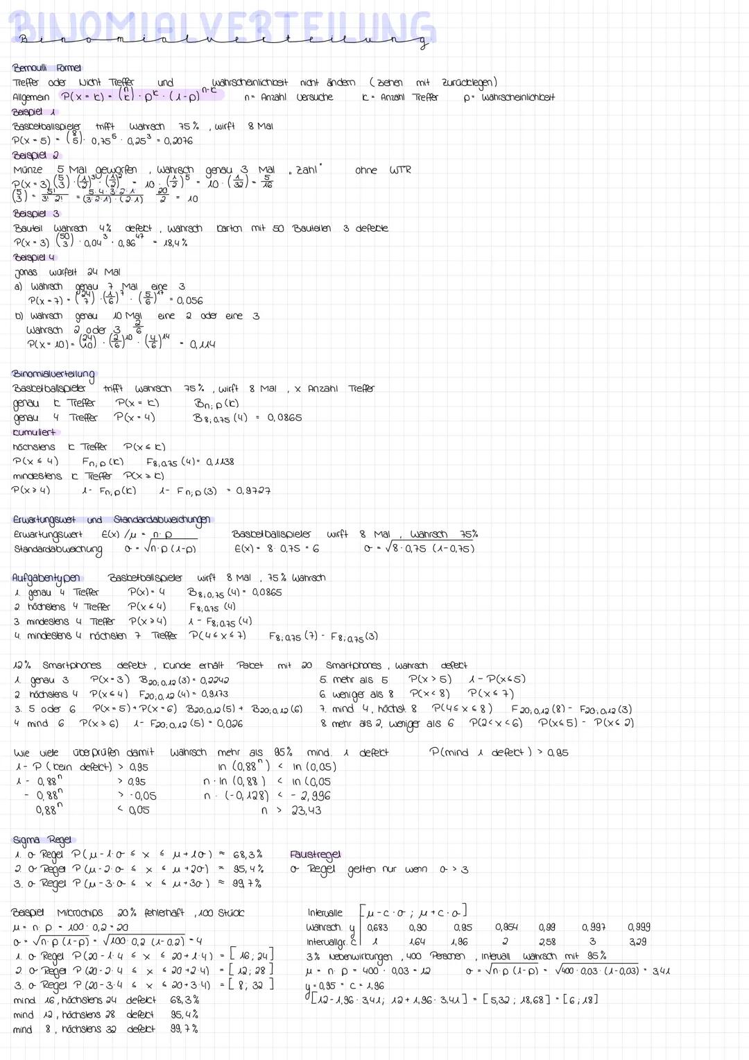 # BIJOMIALVERTEILING

Bernoulli Formel

Treffer oder wicht Treffer und wahrscheinlichkeit nicht ändem (ziehen mit zuractelegen)
Allgemein $P
