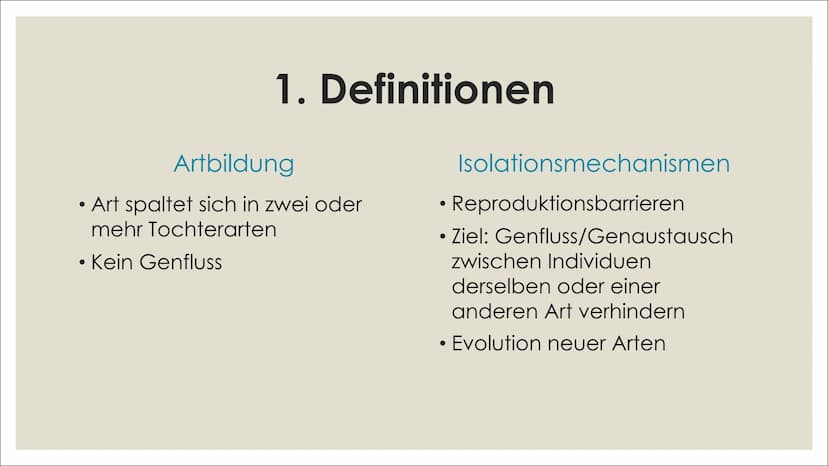 NE
빛
브
브
ARTBILDUNG UND
ISOLATIONSMECHANISMEN
카멜
빛 1. Definitionen
2. Artbildung
1. Artkonzepte
2. Formen der Artbildung
4. Quellenverzeichn