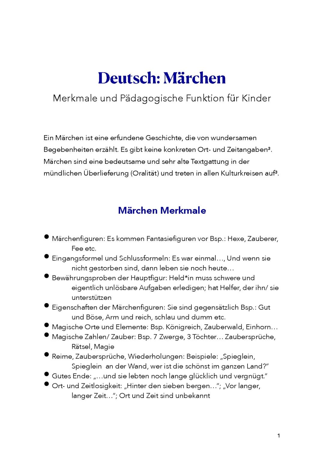 Märchen Merkmale und Pädagogische Funktionen