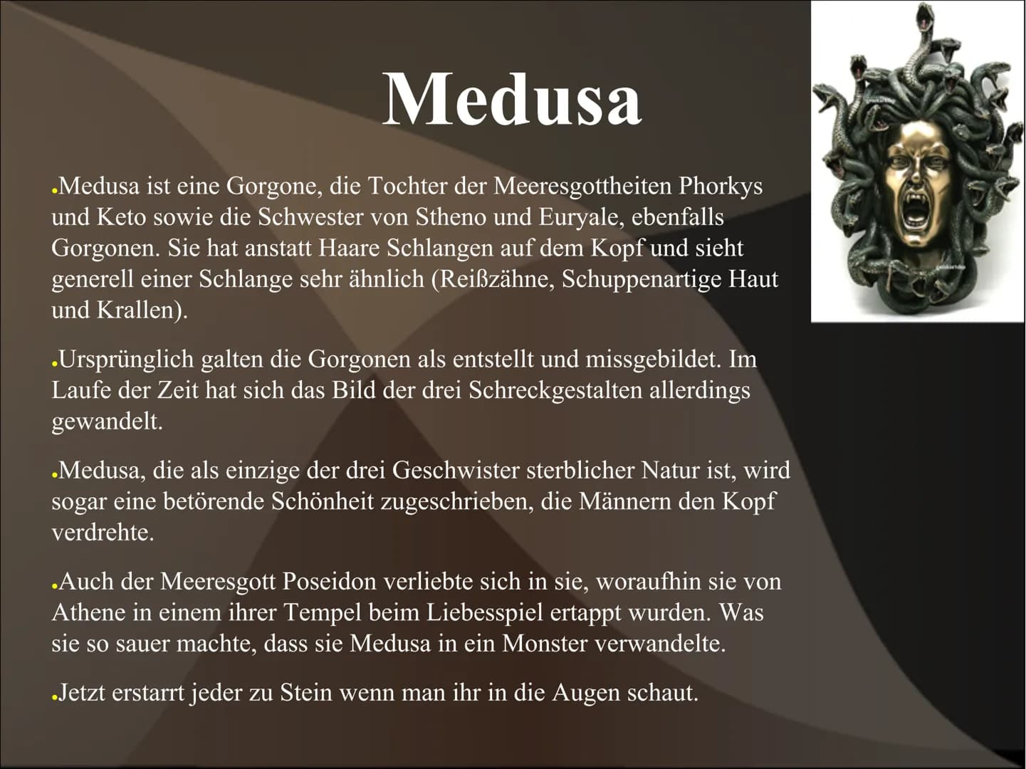 Perseus und Medusa Perseus
.Perseus ist der Sohn von Zeus und Danaë. Er gehört zu den
bekanntesten Helden der griechischen Mythologie. Danaë