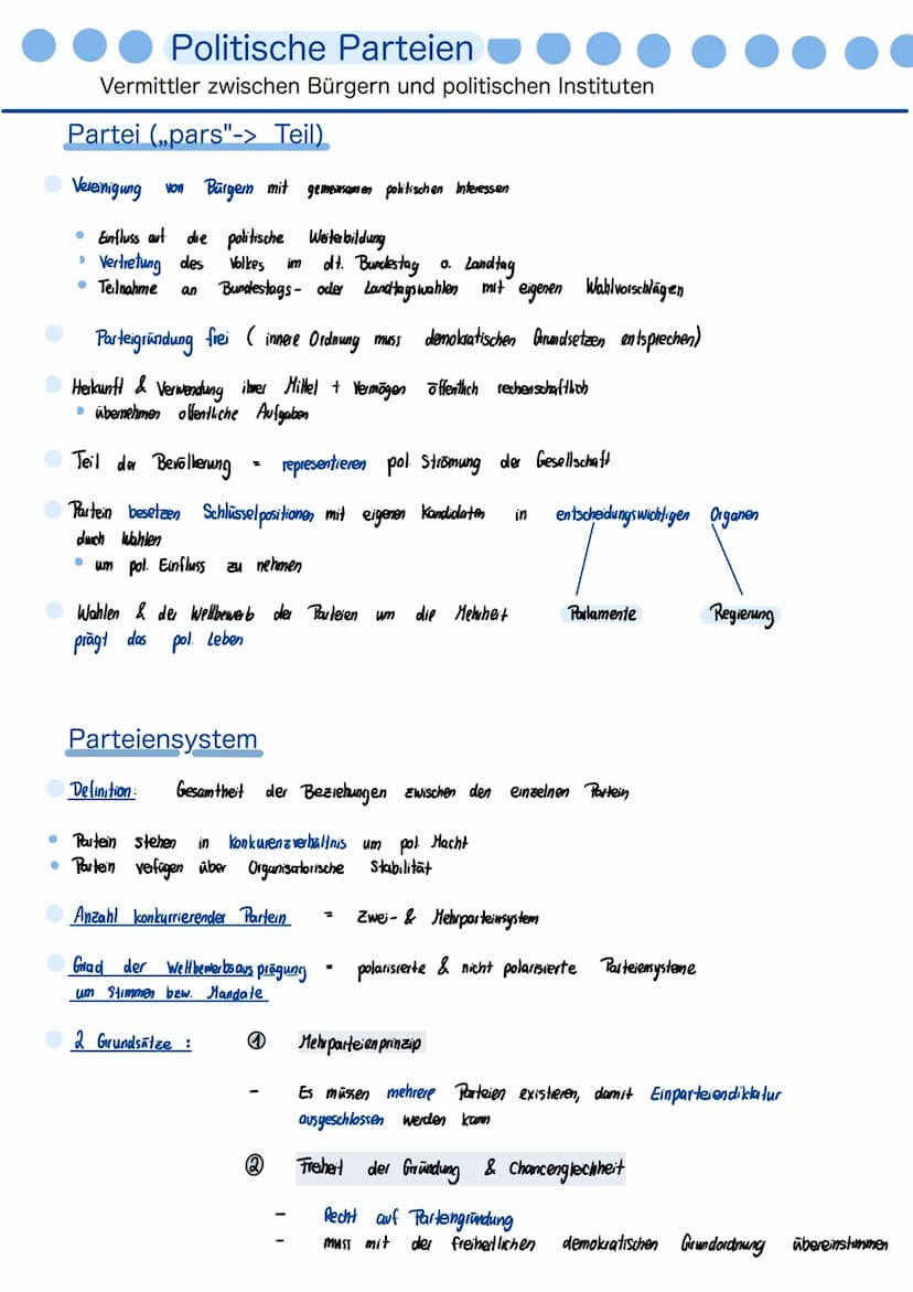 Partei (pars"-> Teil)
Vereinigung von Bürgern mit gemeinsamen politischen Interessen
Einfluss auf die politische Weiterbildung
Vertretung de