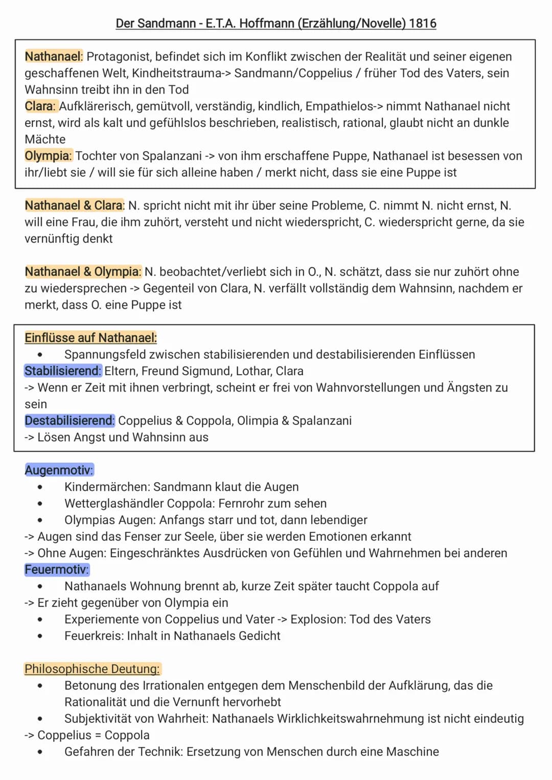 Der Sandmann - E.T.A. Hoffmann (Erzählung/Novelle) 1816
Nathanael: Protagonist, befindet sich im Konflikt zwischen der Realität und seiner e