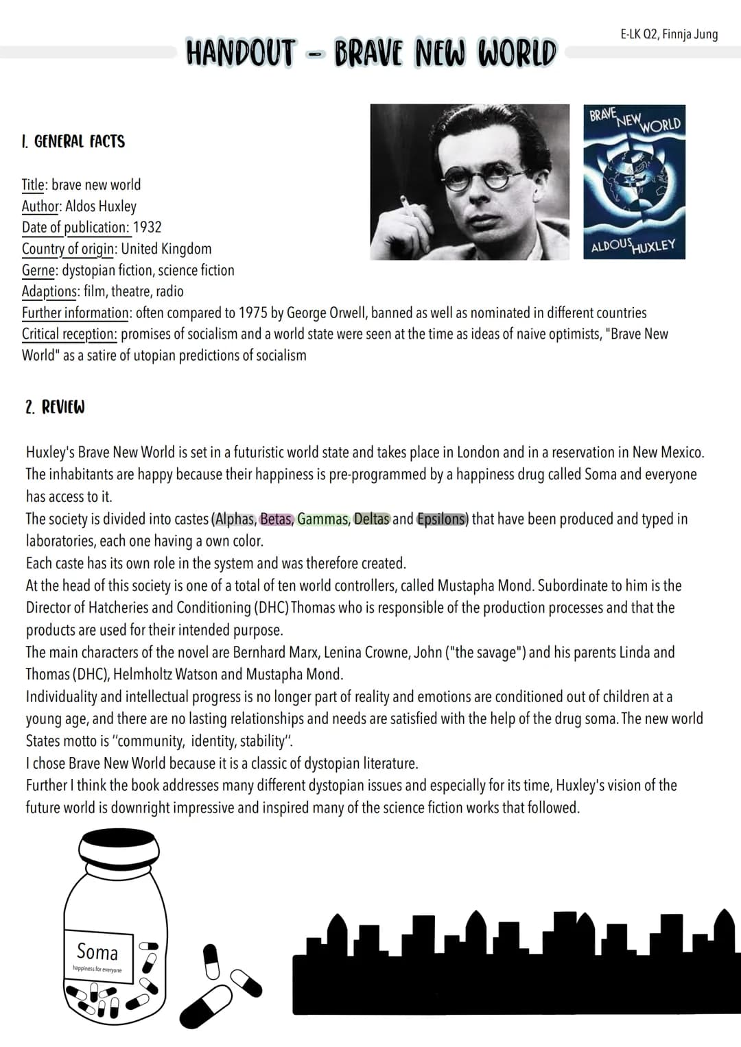 Dystopian fiction
E-LK Q2, Finnja Jung
BRAVE NEW WORLD
by Aldous Huxley 1. GENERAL FACTS
2. REVIEW
HANDOUT BRAVE NEW WORLD
BRAVE
E-LK Q2, Fi