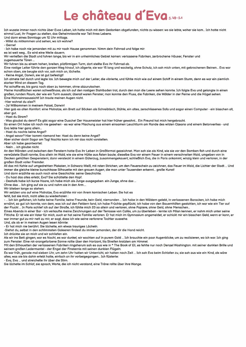 Darwin et Ophélie 4-12
S.
Mein Name ist Darwin, ich lebe in einem Stadtteil, der eine Dauerbaustelle ist: Jeden Tag wird hier abgerissen und