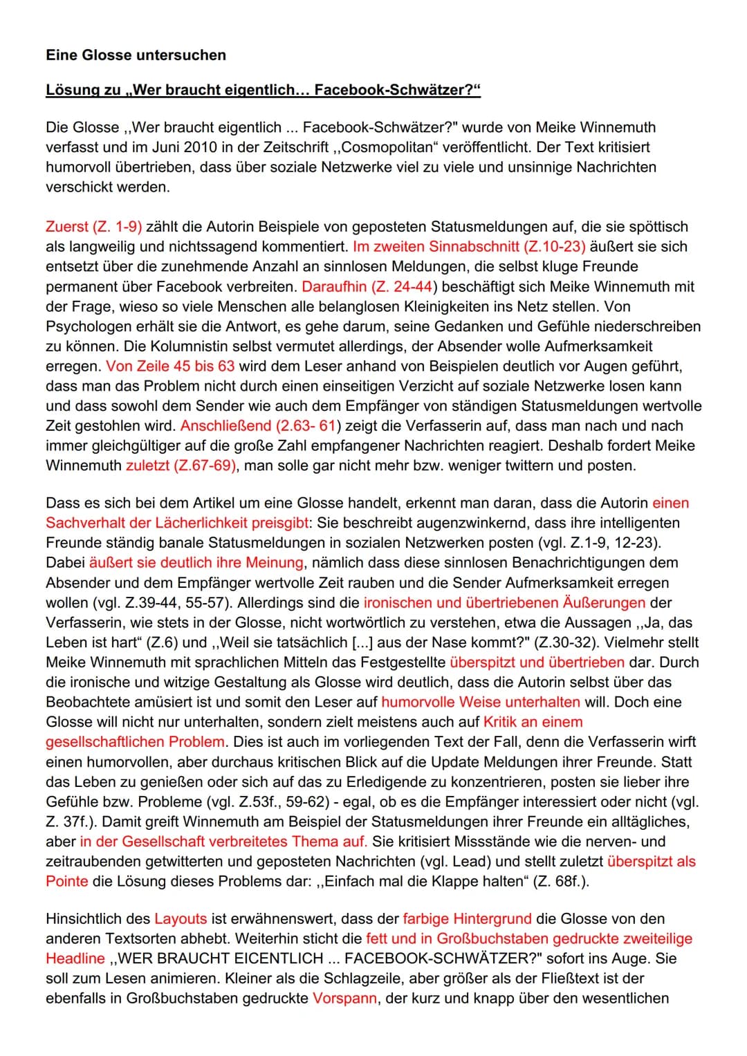 Eine Glosse untersuchen
Lösung zu ,,Wer braucht eigentlich... Facebook-Schwätzer?"
Die Glosse ,,Wer braucht eigentlich ... Facebook-Schwätze