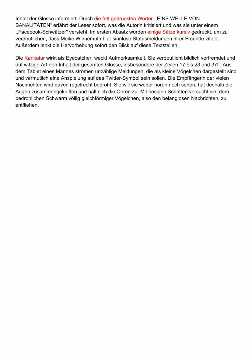 Eine Glosse untersuchen
Lösung zu ,,Wer braucht eigentlich... Facebook-Schwätzer?"
Die Glosse ,,Wer braucht eigentlich ... Facebook-Schwätze