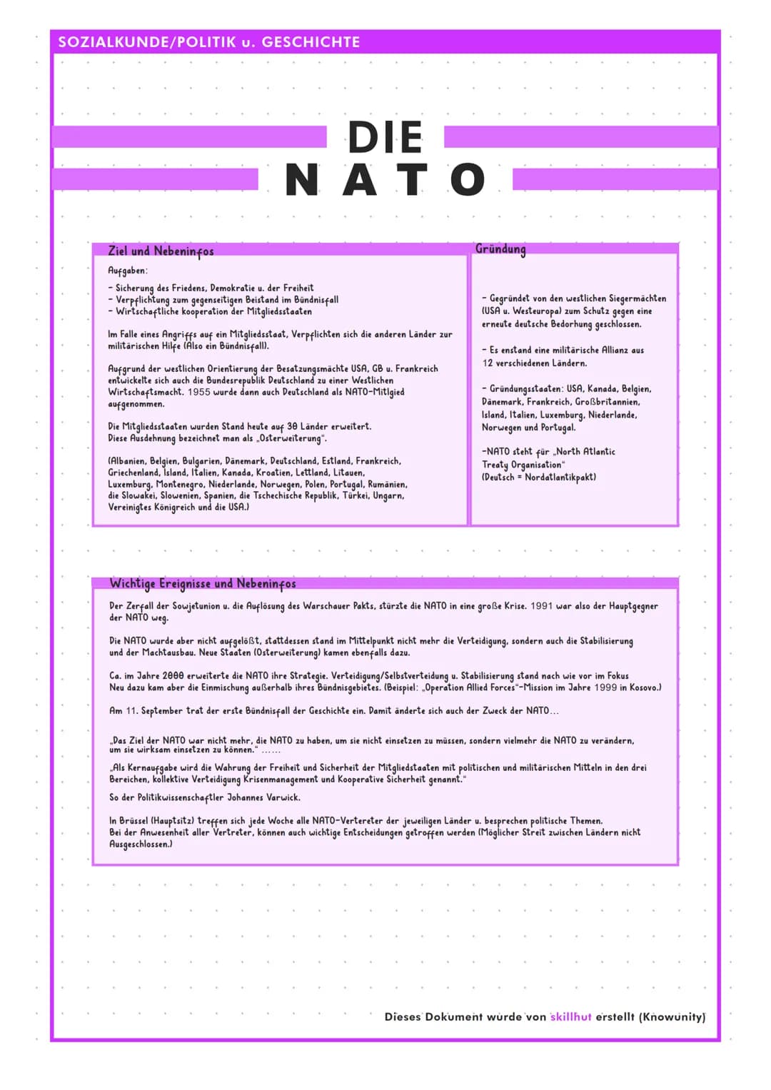 SOZIALKUNDE/POLITIK U. GESCHICHTE
DIE
ΝΑΤΟ
Ziel und Nebeninfos
Aufgaben:
- Sicherung des Friedens, Demokratie u. der Freiheit
- Verpflichtun