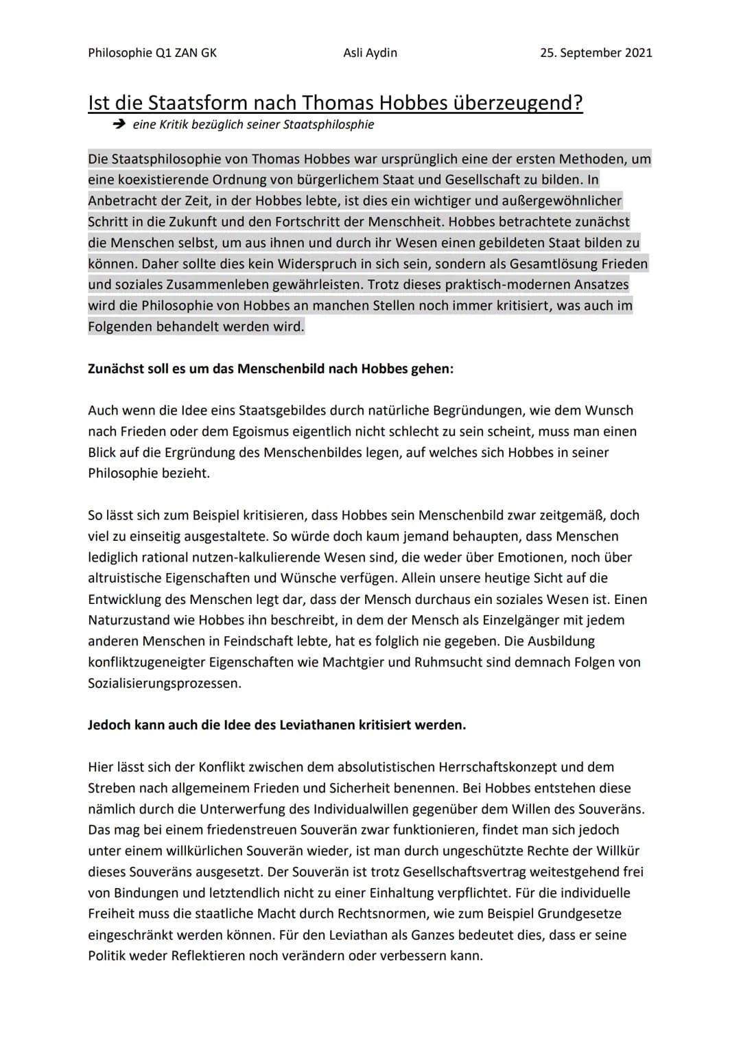 Philosophie Q1 ZAN GK
Asli Aydin
Ist die Staatsform nach Thomas Hobbes überzeugend?
eine Kritik bezüglich seiner Staatsphilosphie
25. Septem