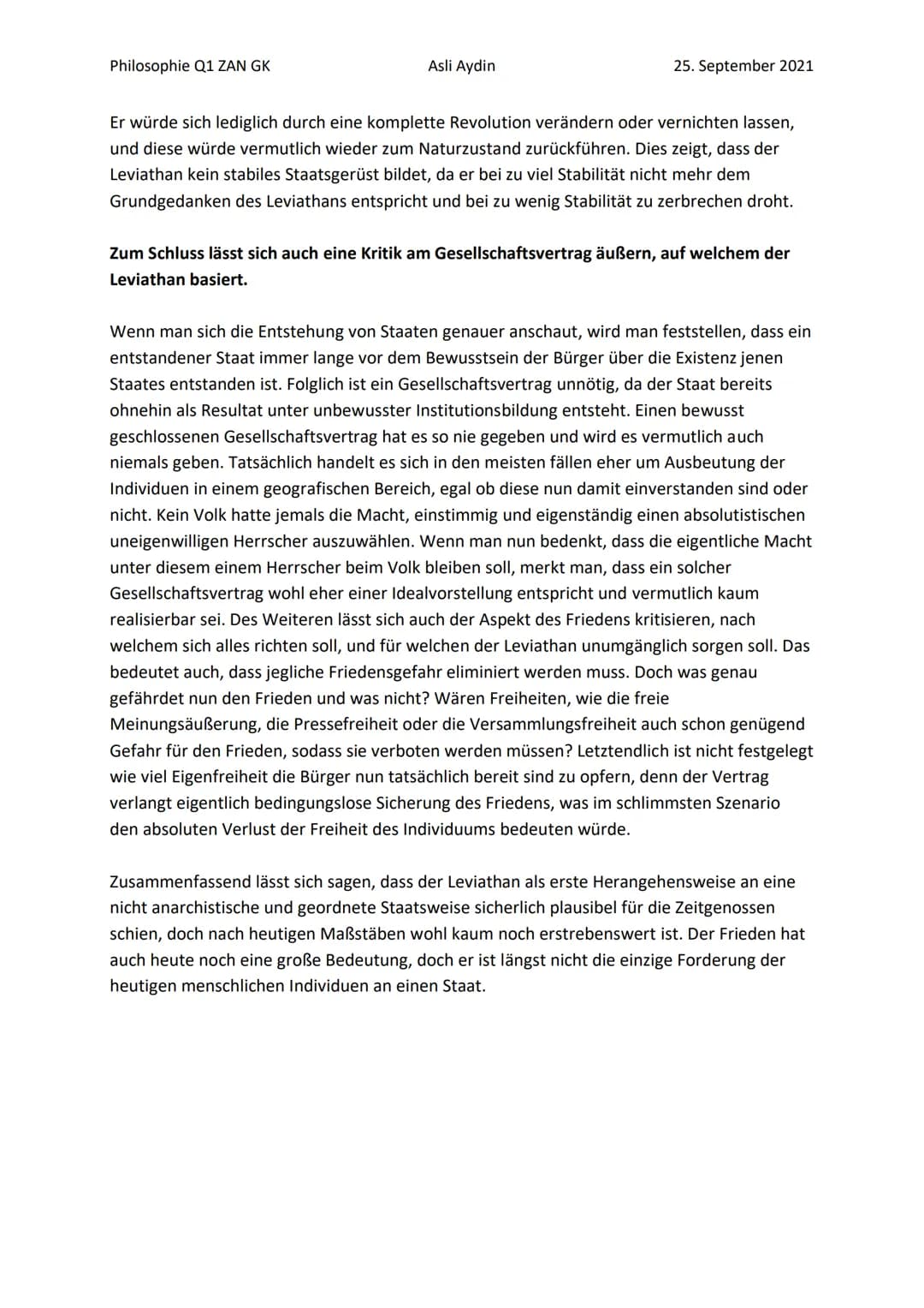Philosophie Q1 ZAN GK
Asli Aydin
Ist die Staatsform nach Thomas Hobbes überzeugend?
eine Kritik bezüglich seiner Staatsphilosphie
25. Septem