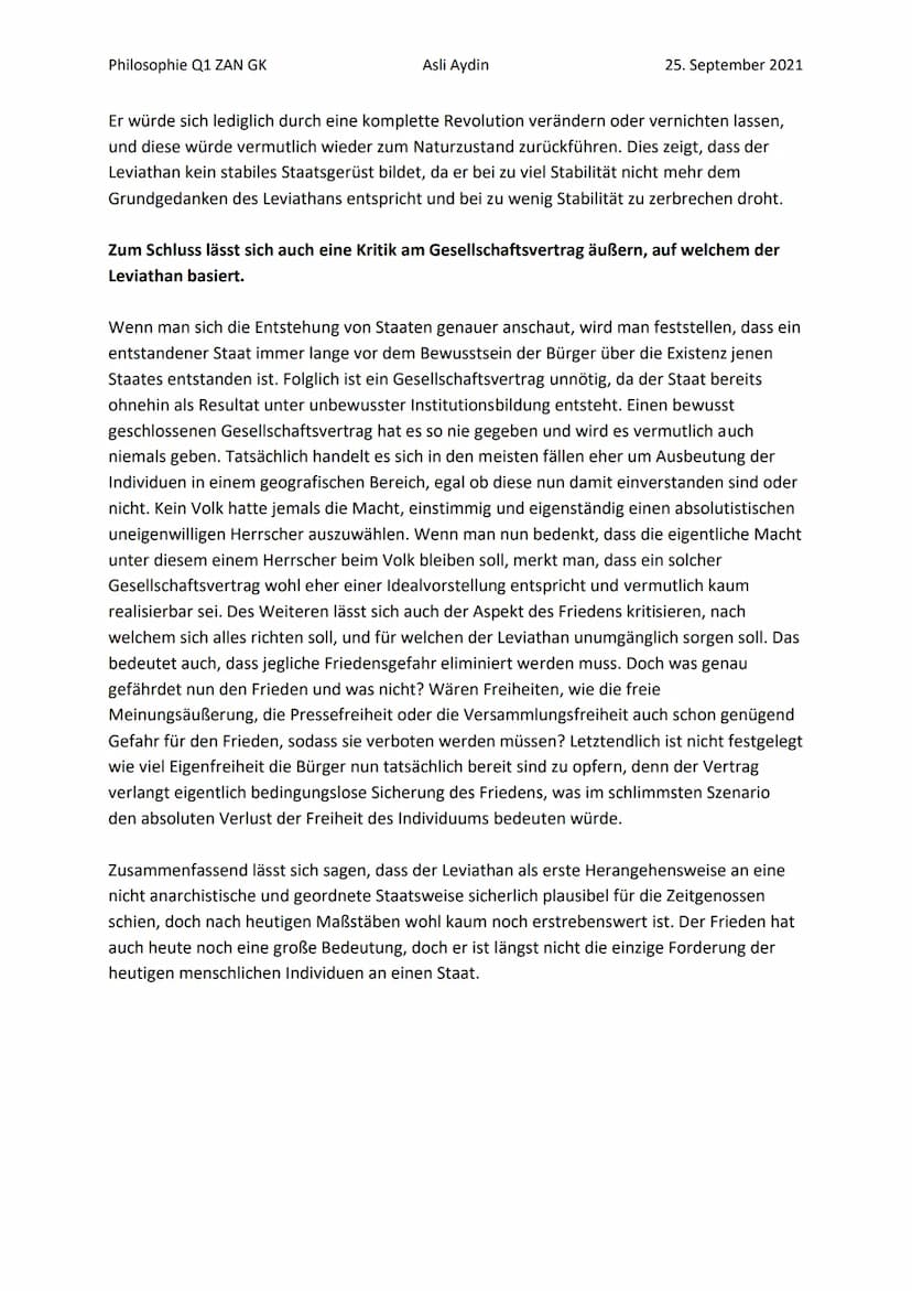 Philosophie Q1 ZAN GK
Asli Aydin
Ist die Staatsform nach Thomas Hobbes überzeugend?
eine Kritik bezüglich seiner Staatsphilosphie
25. Septem