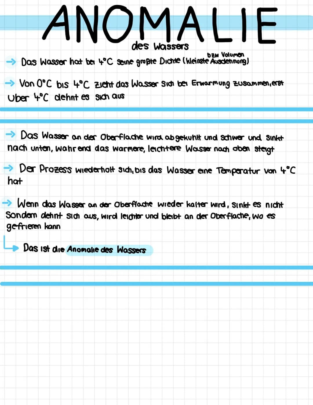 ANOMALIE
des Wassers
bzw Volumen
Das Wasser hat bei 4°C seine großte Dichte (kleinste Ausdehnung)
Von 0°C bis 4°C zieht das Wasser sich bei 