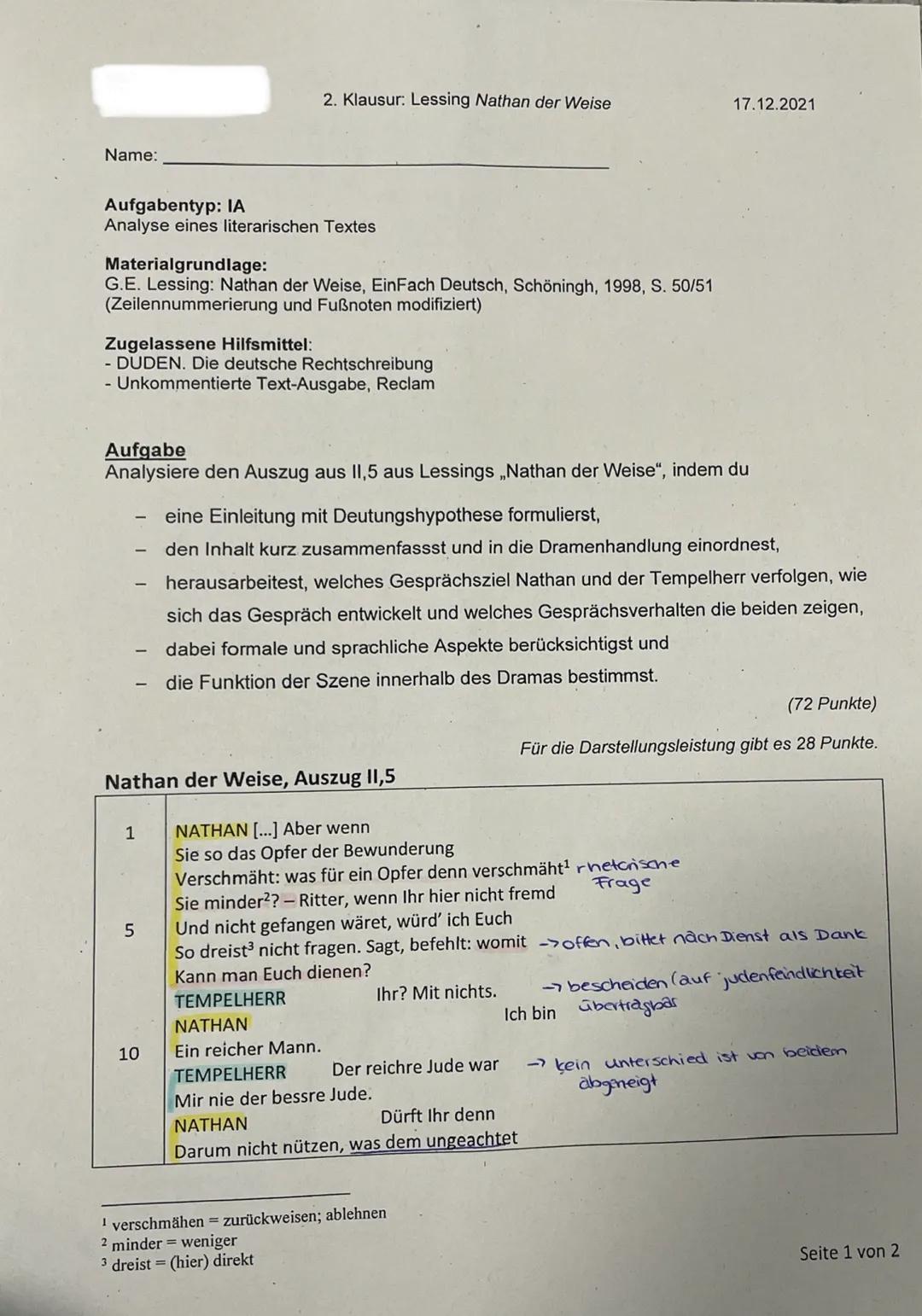 2. Deutsch-klausur,

Das dramatische Gedicht Nathan
der Weise" von Gotthold Ephraim
Lessing wurde im Jahre 1779
ist
publiziert. Es entstand 