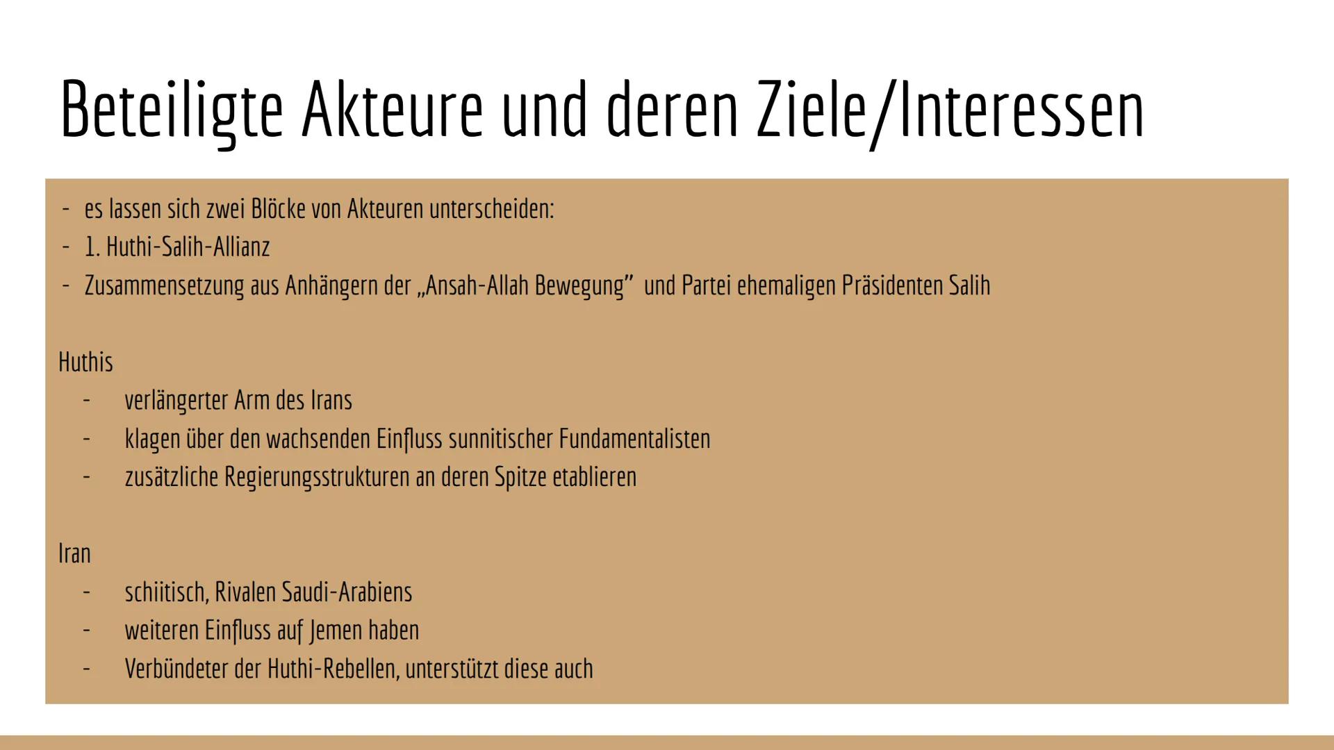 Konflikt in Jemen
888000 Inhaltsverzeichnis
- Lage
- Entwicklung des Konflikts
- Humanitäre Lage
- zentrale Konfliktfelder (Wirtschaft, Reli