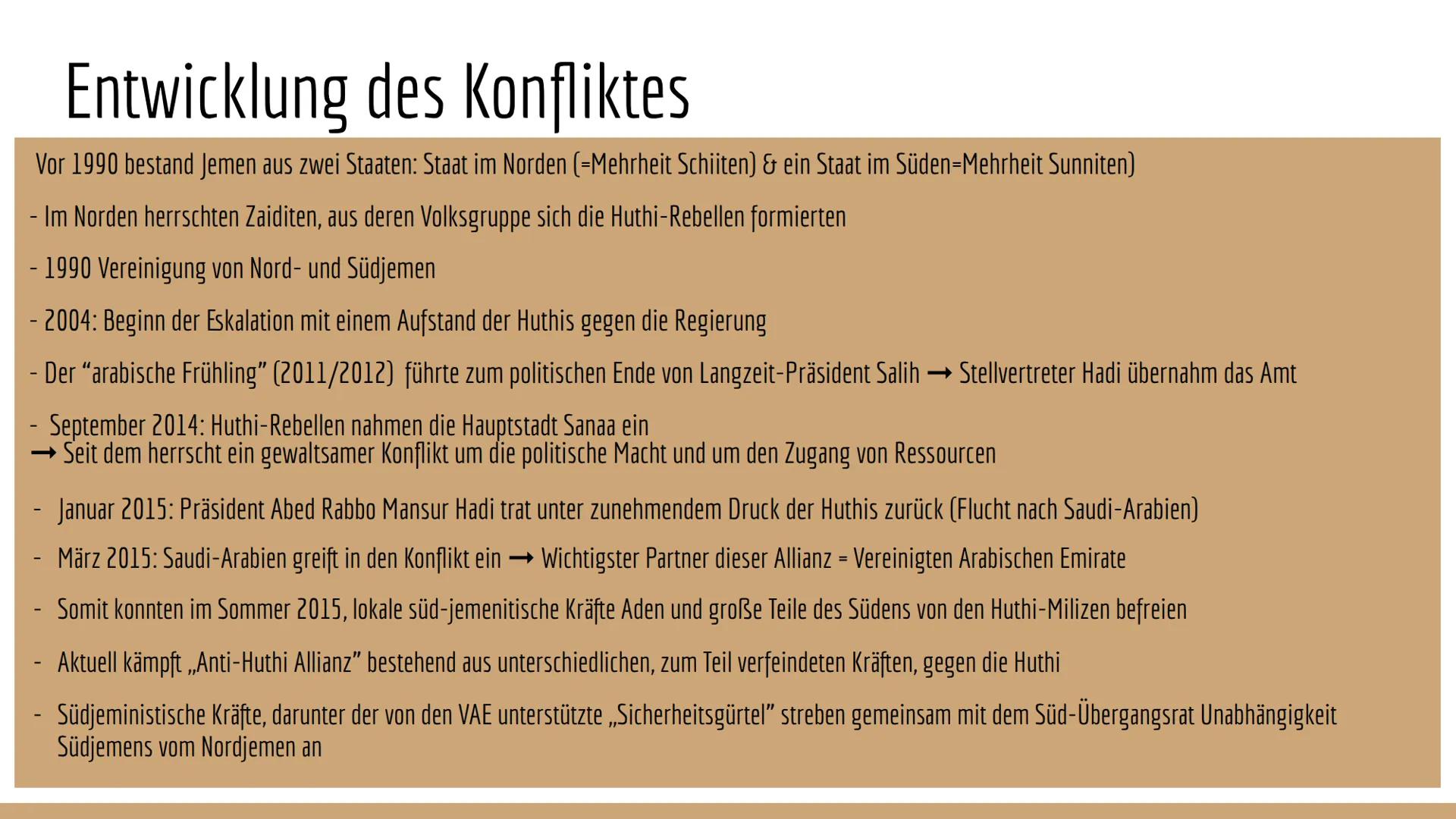Konflikt in Jemen
888000 Inhaltsverzeichnis
- Lage
- Entwicklung des Konflikts
- Humanitäre Lage
- zentrale Konfliktfelder (Wirtschaft, Reli