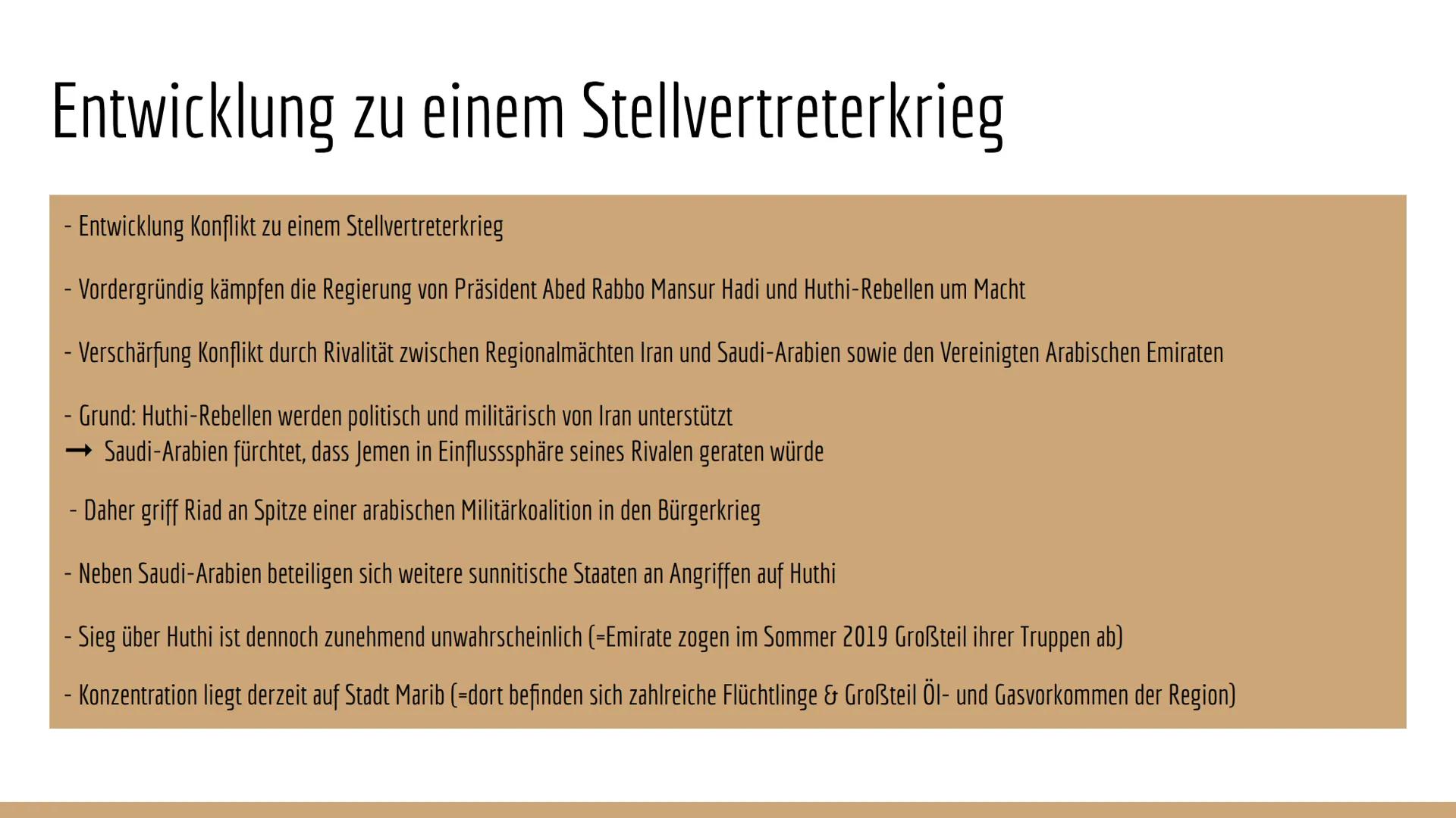 Konflikt in Jemen
888000 Inhaltsverzeichnis
- Lage
- Entwicklung des Konflikts
- Humanitäre Lage
- zentrale Konfliktfelder (Wirtschaft, Reli