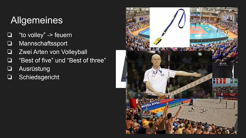 Volleyball
Sport Gliederung
Theorie:
Geschichte des Volleyballs
Allgemeines
Voraussetzungen
Spielfläche
Regeln
Praxis:
□ Aufwärmen
Unteres u