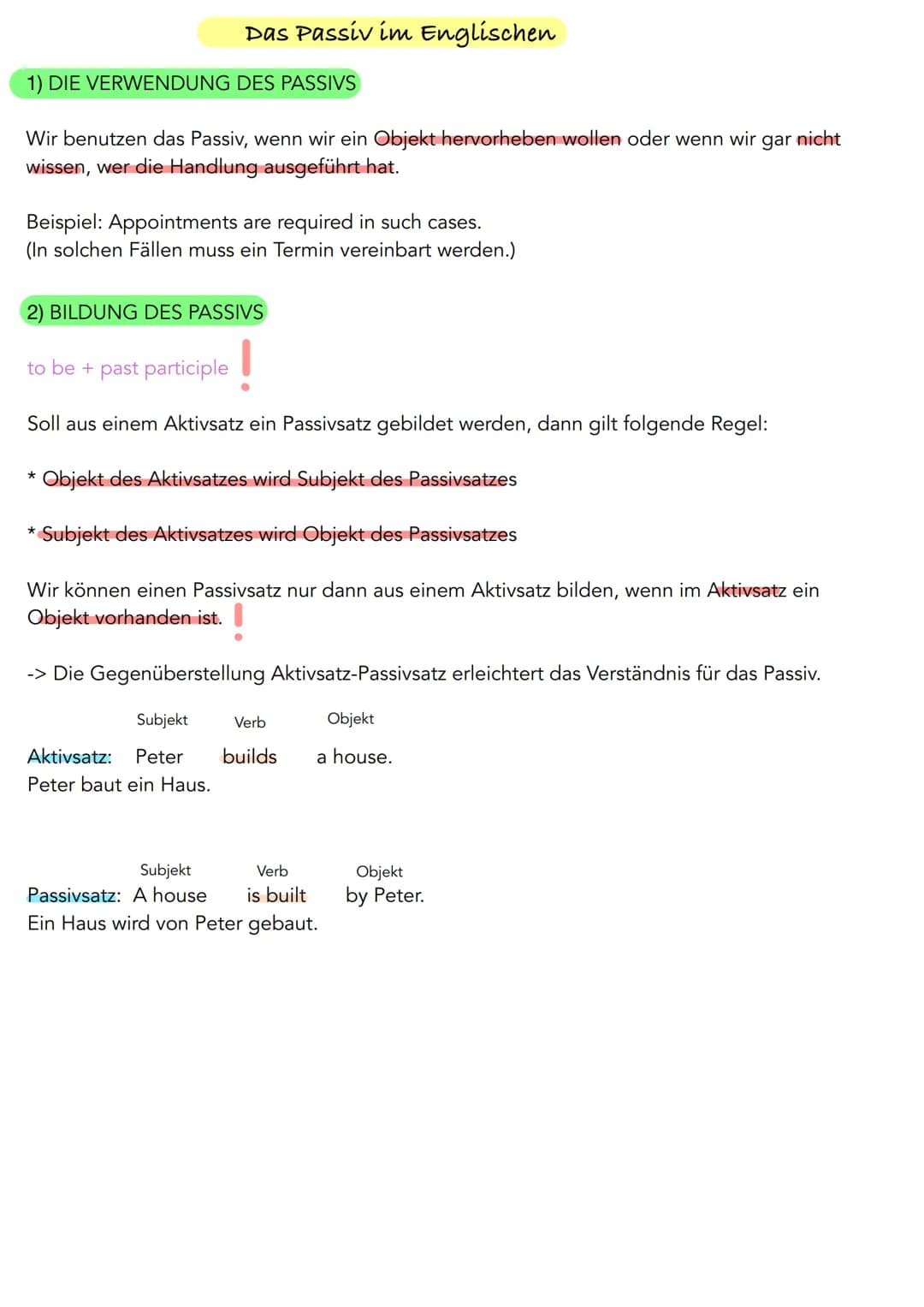 Das Passiv im Englischen
1) DIE VERWENDUNG DES PASSIVS
Wir benutzen das Passiv, wenn wir ein Objekt hervorheben wollen oder wenn wir gar nic