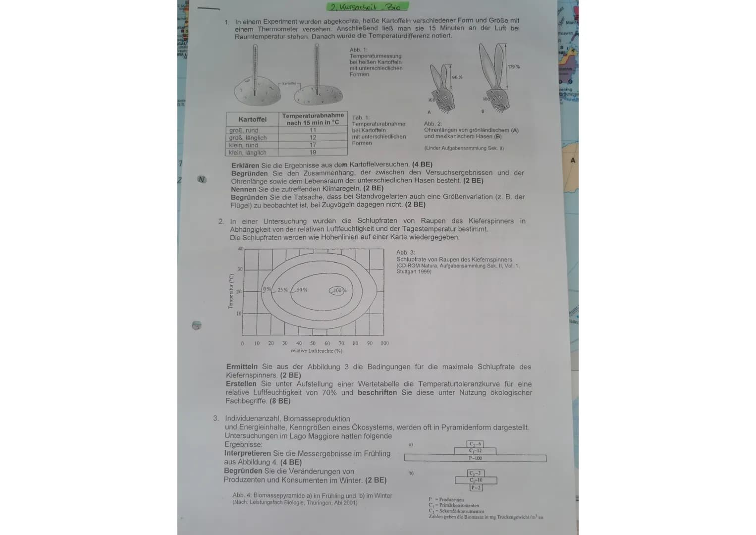 SAU
IRAL
2. Kursarbeit Bio
1. In einem Experiment wurden abgekochte, heiße Kartoffeln verschiedener Form und Größe mit
einem Thermometer ver