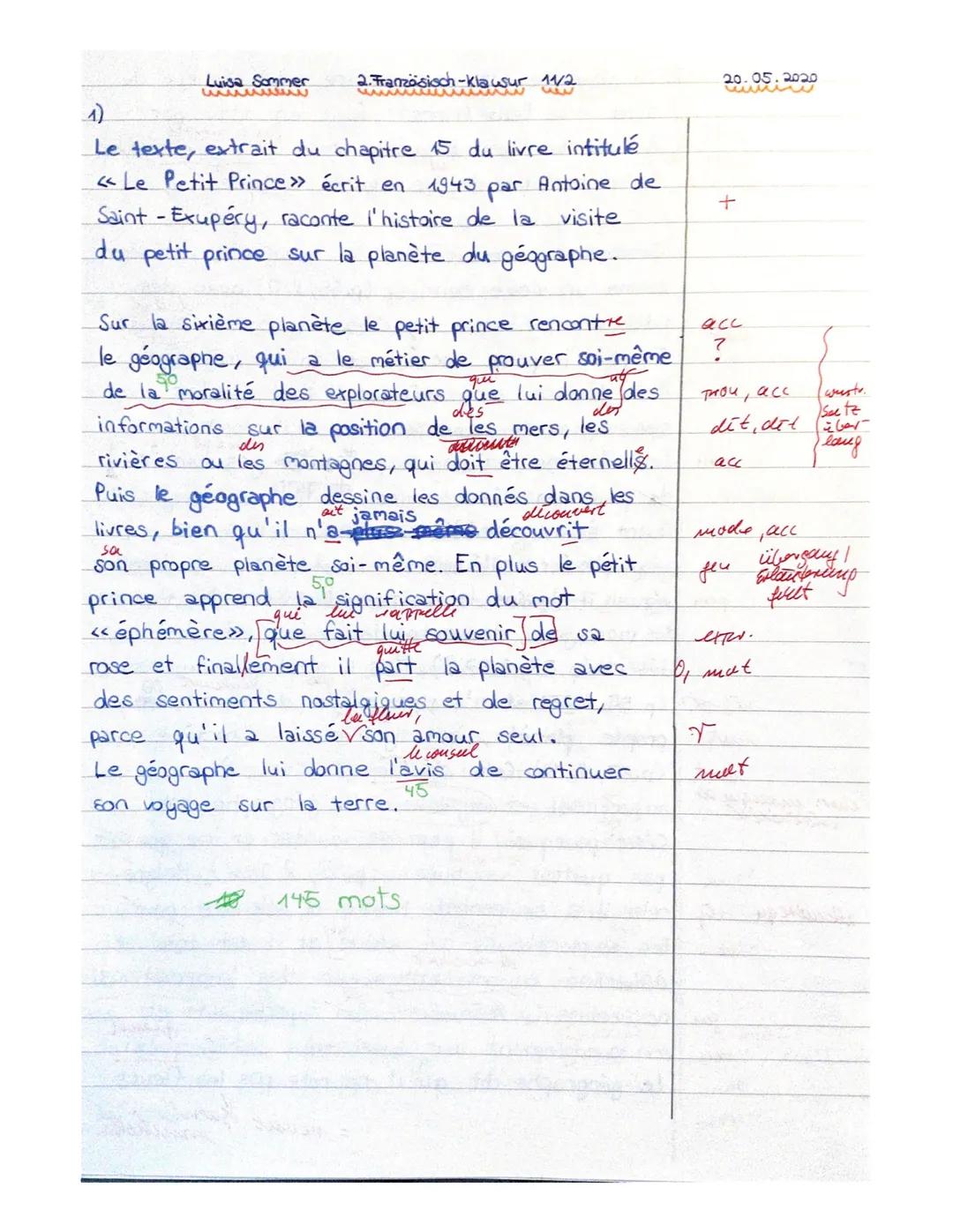LK11 Französisch
Interrogation écrite no 2 20 mai 2020
Luisa Sommer
Sujet: Antoine de Saint-Exupéry
Le Petit Prince
Extrait de texte: chapit