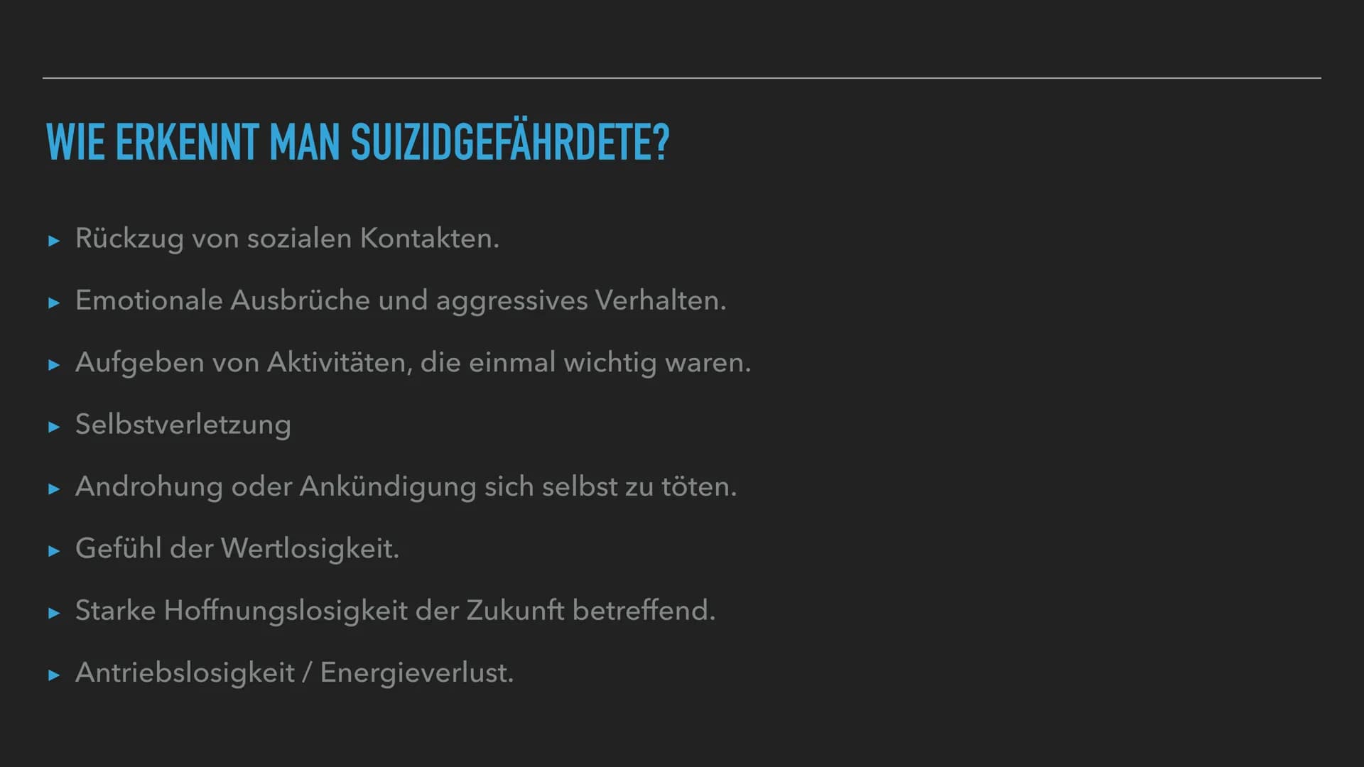 VERZWEIFLUNG
SELBSTZWEIFEL
SUIZID STRESS MÜDIGKEIT
ÜBERFORDERUNG FRUSTRATION
SORGEN
HOFFNUNGSLOS PANIK 5 MUTLOSIGKEITANTRIEBSLOSIGKEIT
ERECH