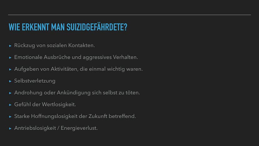 VERZWEIFLUNG
SELBSTZWEIFEL
SUIZID STRESS MÜDIGKEIT
ÜBERFORDERUNG FRUSTRATION
SORGEN
HOFFNUNGSLOS PANIK 5 MUTLOSIGKEITANTRIEBSLOSIGKEIT
ERECH