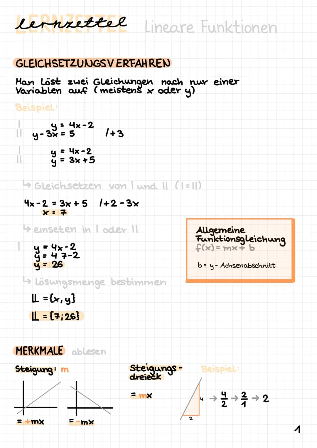 lernzettel
GLEICHSETZUNGSVERFAHREN
Man Löst zwei Gleichungen nach nur einer
Variablen auf (meistens x oder y)
Beispiel:
1
y = 4x-2
y-3x = 5
